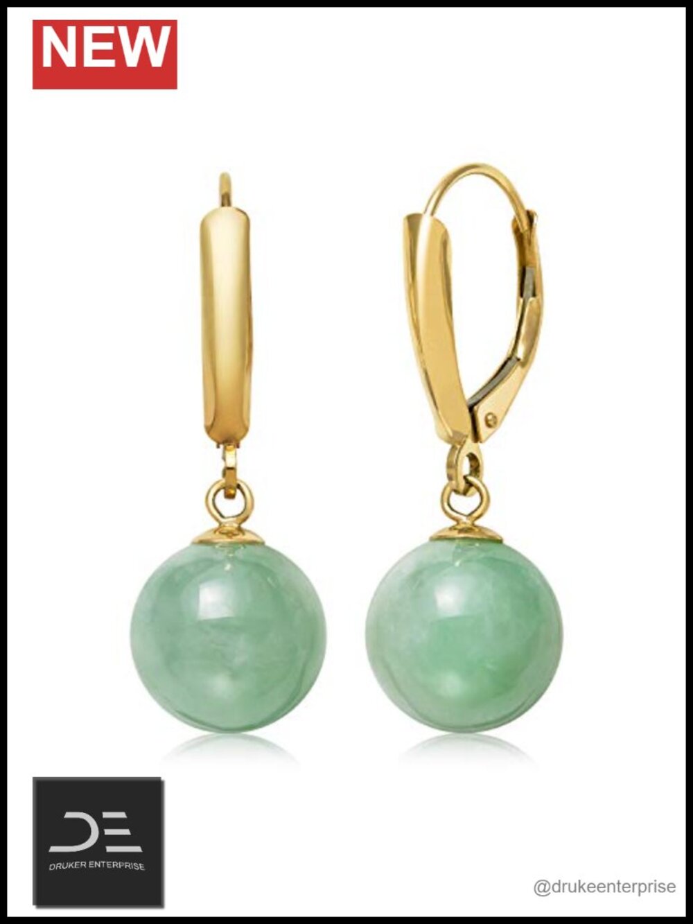 Natural Green Jade Round Dangle Drop Earrings 14K Yellow Gold Leverback